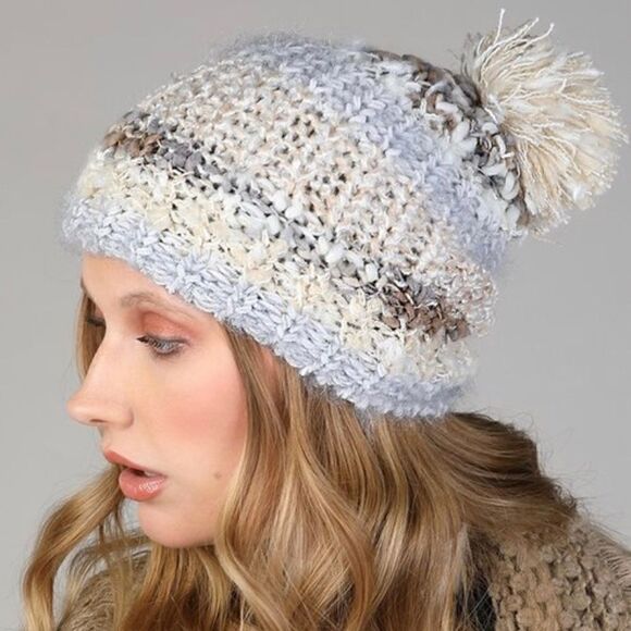 Multi Color Soft Plush Winter Beanie with Pom Pom - Blue, Ivory, Grey and Cream - Picture 2 of 4